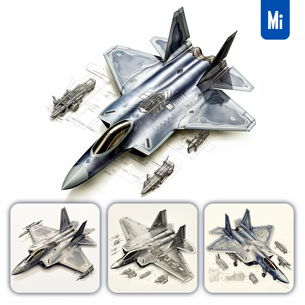 Midjourney Prompt F-22 Raptor Fighter Jet Breakdown Drawing Illustration