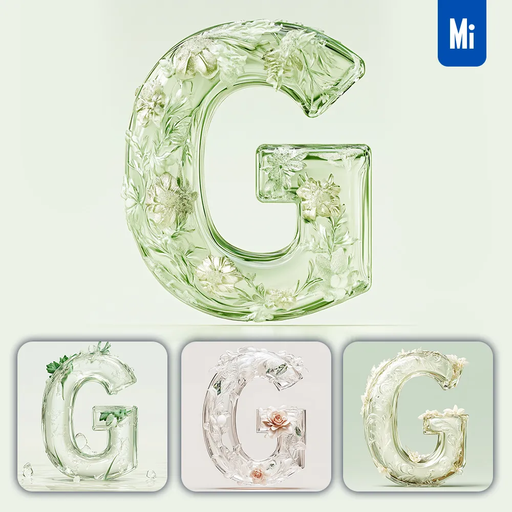 Midjourney Prompt G Letter Ice Glass Transparent 3D