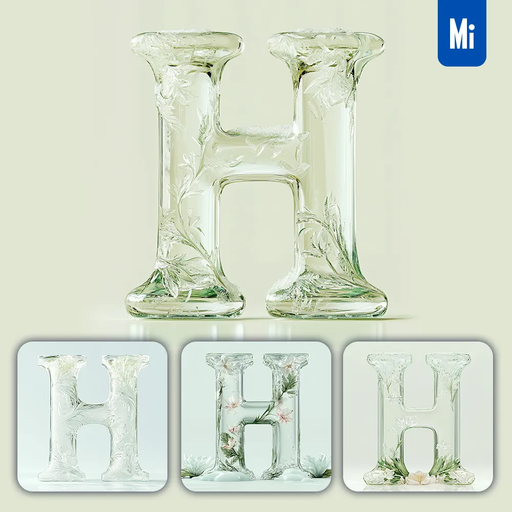 Midjourney Prompt H Letter Ice Glass Transparent 3D