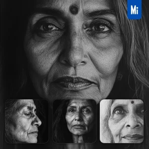 Midjourney Prompt Indian Old Woman Female Head Face Black and White Drawing