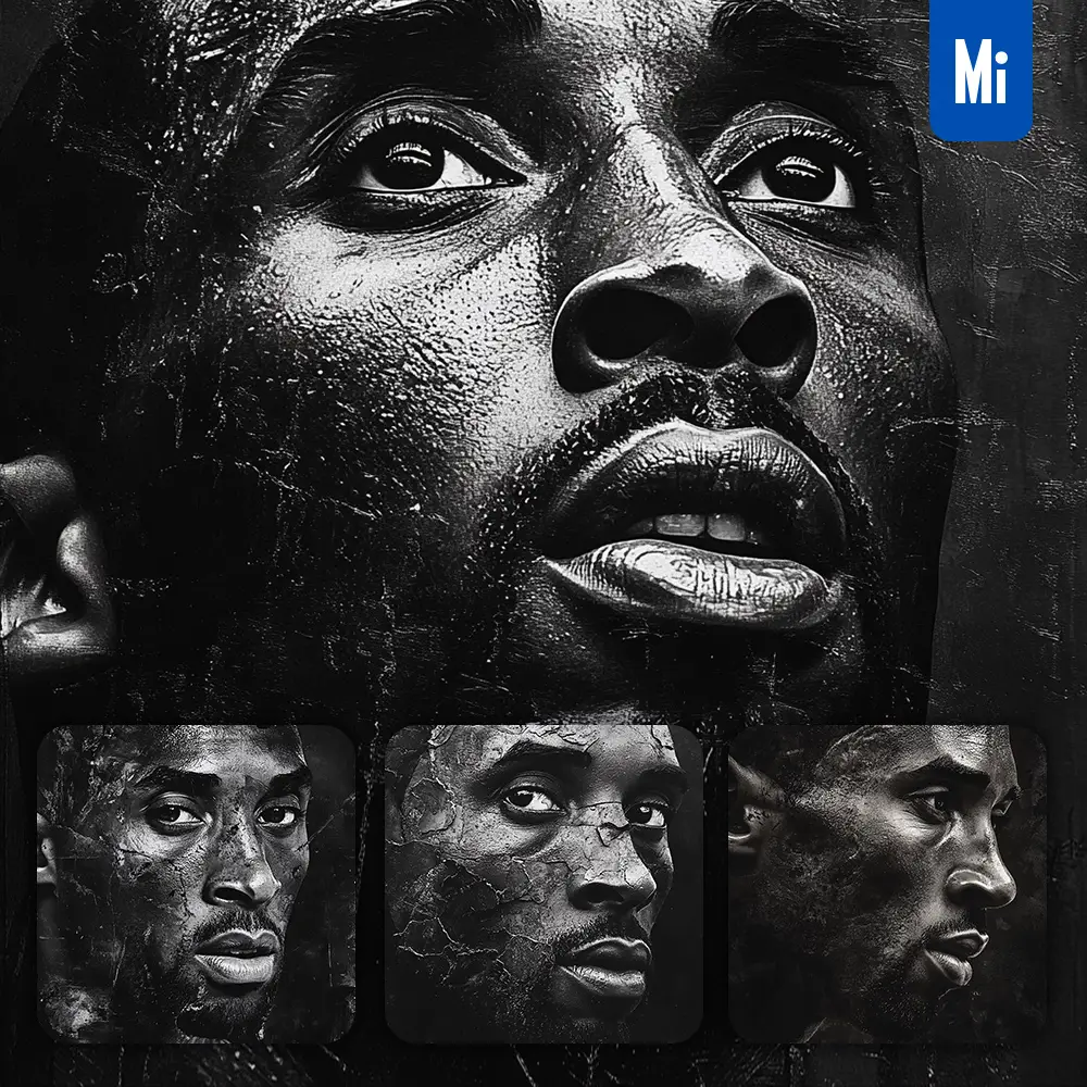 Midjourney Prompt Kobe Bryant Basketball Player NBA Face Black and White Photography