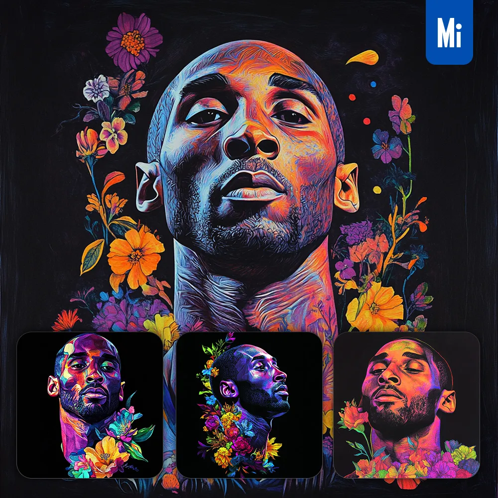 Midjourney Prompt Kobe Bryant Flower Portrait Drawing Colorful Painting Illustration