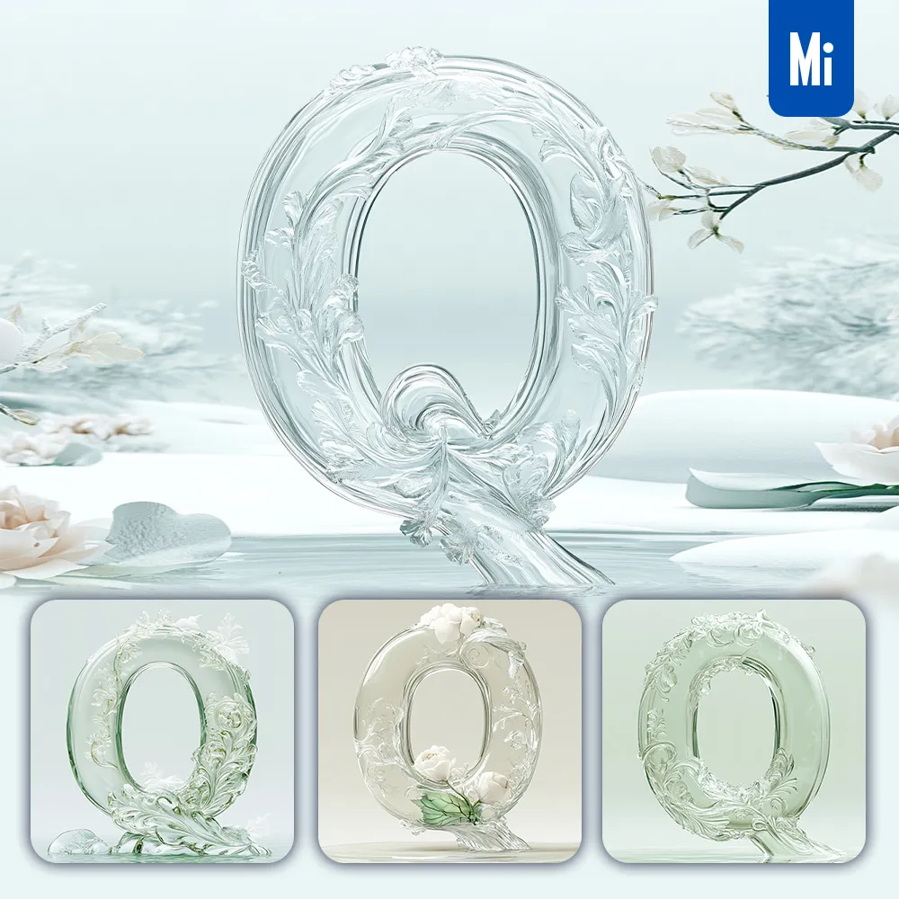 Midjourney Prompt Q Letter Ice Glass Transparent 3D