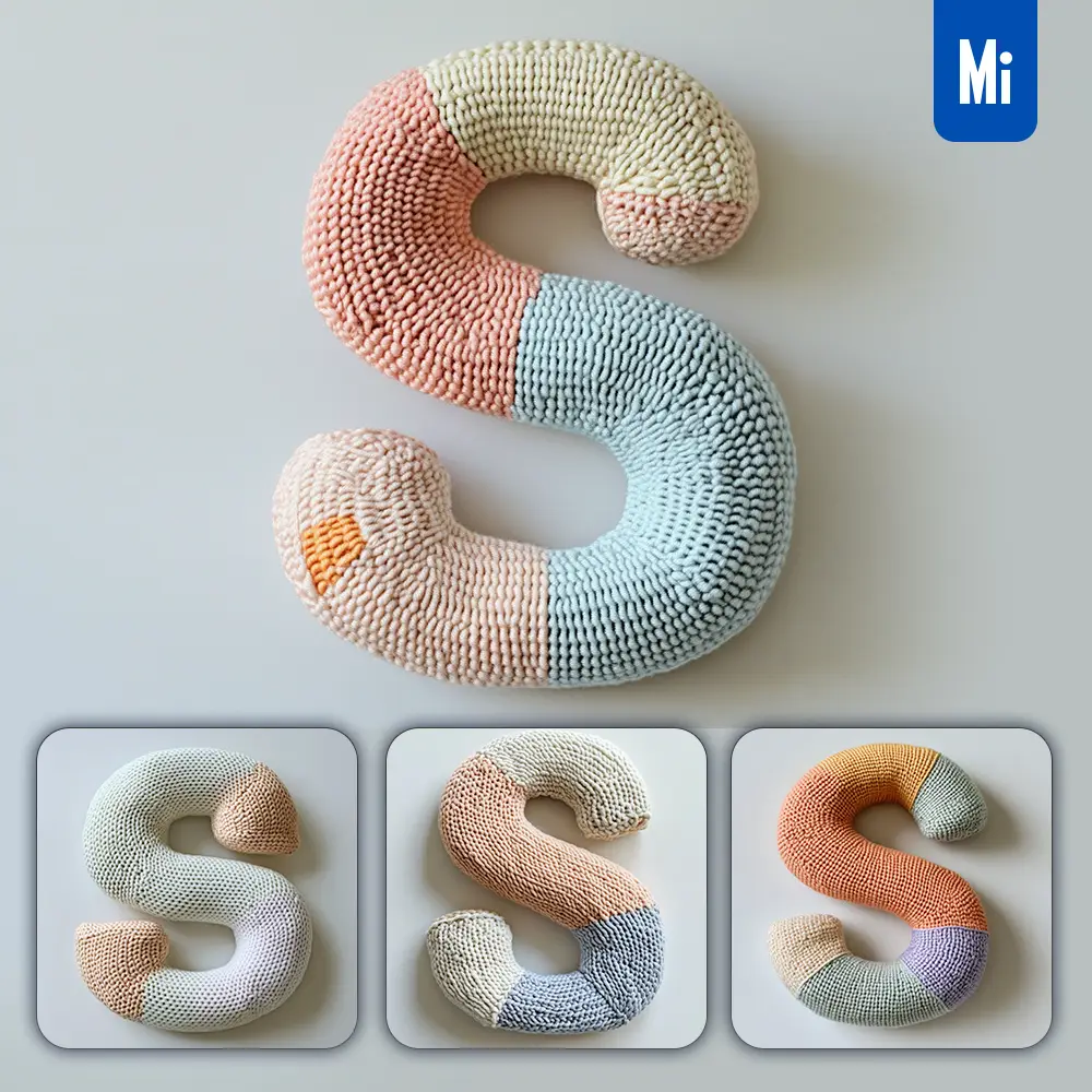 Midjourney Prompt S Letter Colorful Knitted Fabric 3D Photography