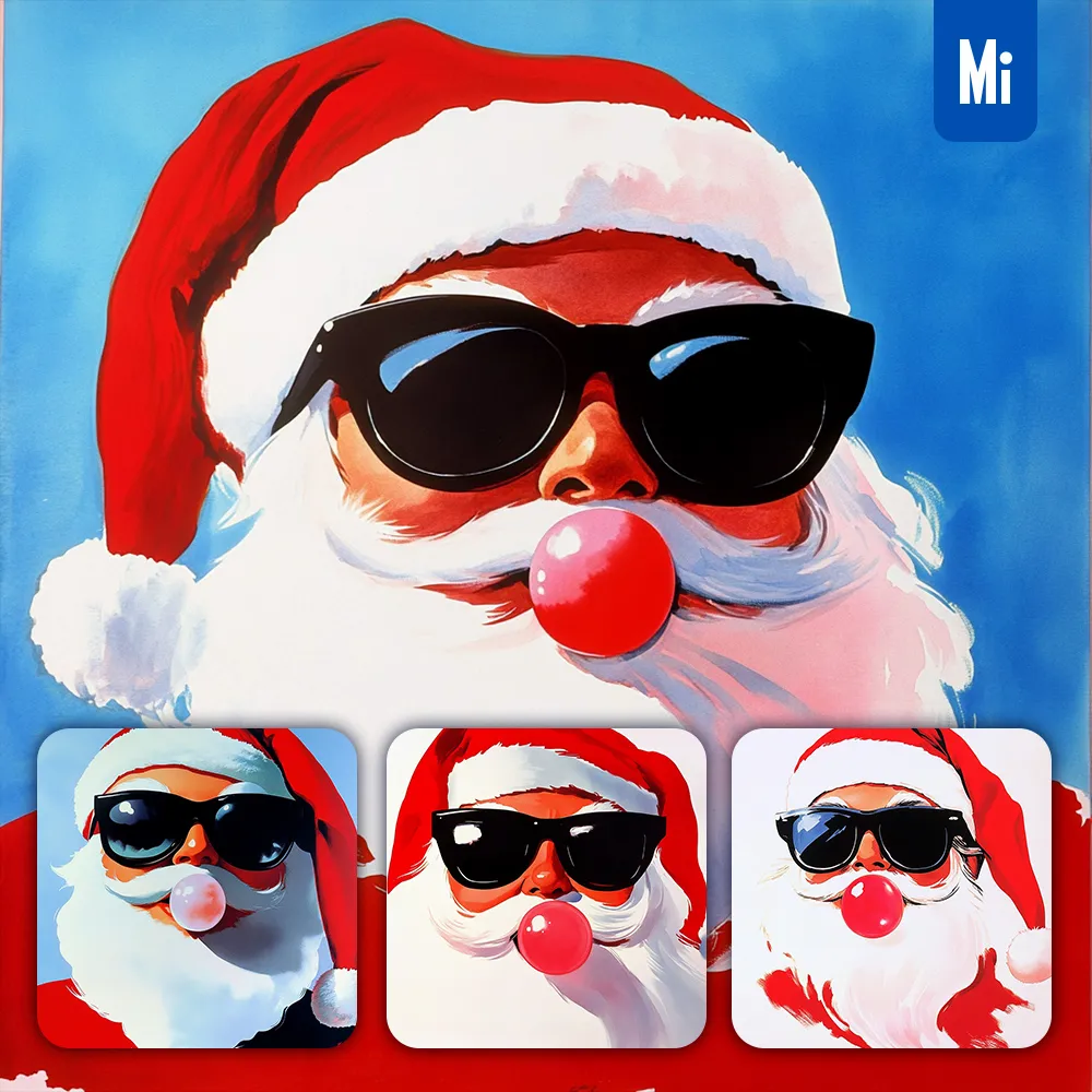 Midjourney Prompt Santa Claus Father Christmas Bubble Gum Ball Sunglasses Cartoon Face Watercolor Painting