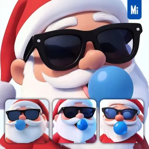 Midjourney Prompt Santa Claus Father Christmas Bubble Gum Ball Sunglasses Cartoon 3D Face Illustration