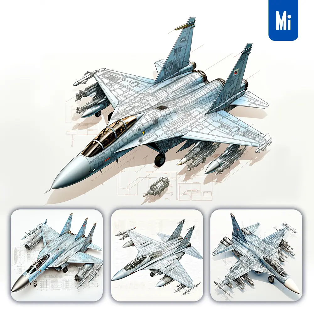 Midjourney Prompt Su-27 Flanker Fighter Jet Breakdown Drawing Illustration