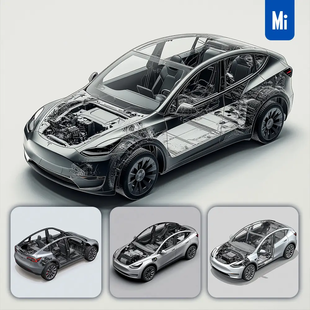 Midjourney Prompt Tesla Model Y Car EDrive Mechanical Isometric 3D Illustration