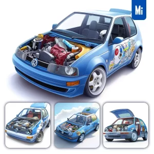 Midjourney Prompt VW Volkswagen Golf Blue 3D Cartoon Illustration