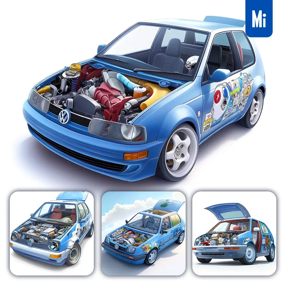 Midjourney Prompt VW Volkswagen Golf Blue 3D Cartoon Illustration