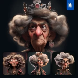 Midjourney Prompt Aged Queen Imperial Crown Portrait Quirky 3D Animation Character