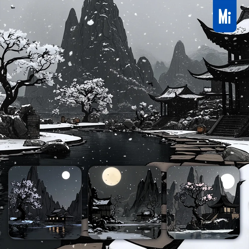Midjourney Prompt Ancient China Mountain River Landscape House Tree Illustration Animation