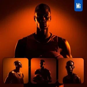 Midjourney Prompt Basketball Player NBA Man Male Strong Athlete Side Orange Yellow Silhouette Photography
