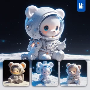 Midjourney Prompt Bear Cute Sit White Astronaut Helmet Spaceman 3D Toy Animation