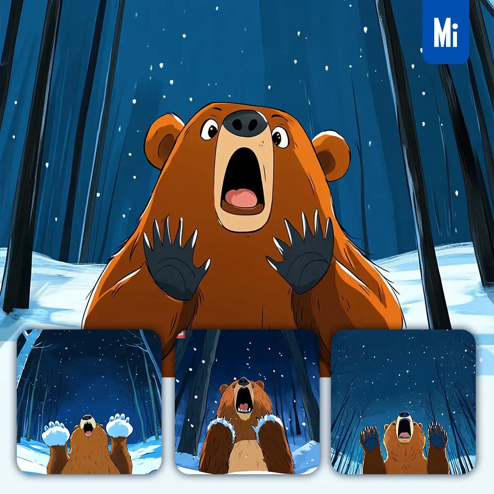 Midjourney Prompt Bear Grizzly Snow Forest Cartoon Animation Illustration