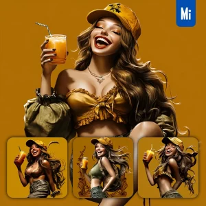 Midjourney Prompt Beautiful Girl Portrait Cap Orange Drink Juice 3D Illustration