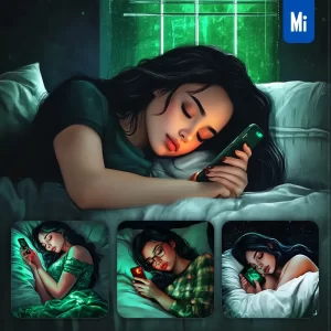 Midjourney Prompt Beautiful Girl Woman Sleep Light Mobile Phone Night Green Animation