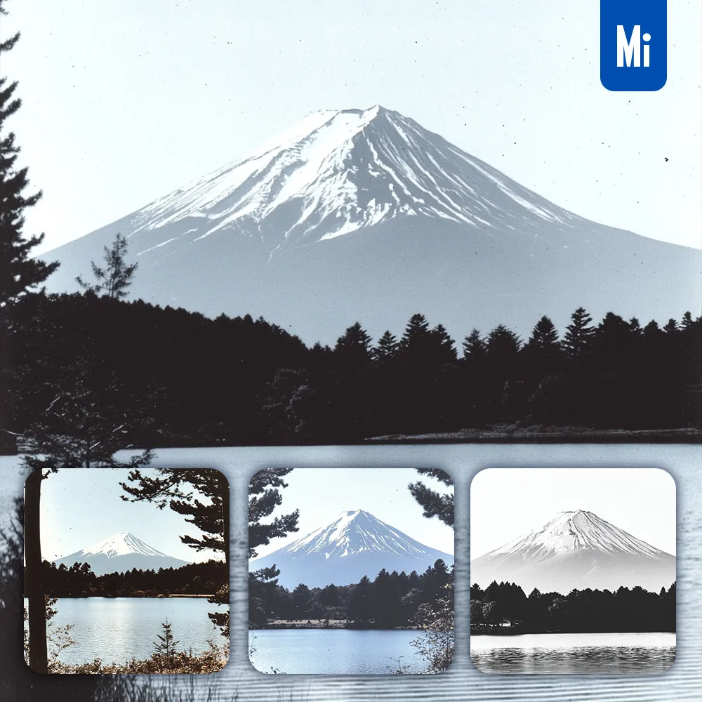 Midjourney Prompt Black Mount Fuji Peak Snow Lake Forest Japanese Mountain Landscape Illustration
