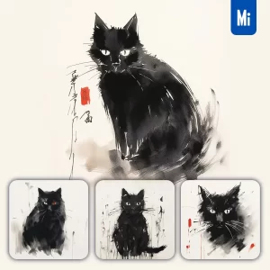 Midjourney Prompt Black Cat Brushwork Chinese Ink Painting Watercolor