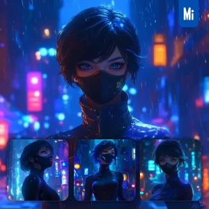 Midjourney Prompt Black Mask Azure Ninja Futurism Portrait Beautiful Girl Lady Woman Animation