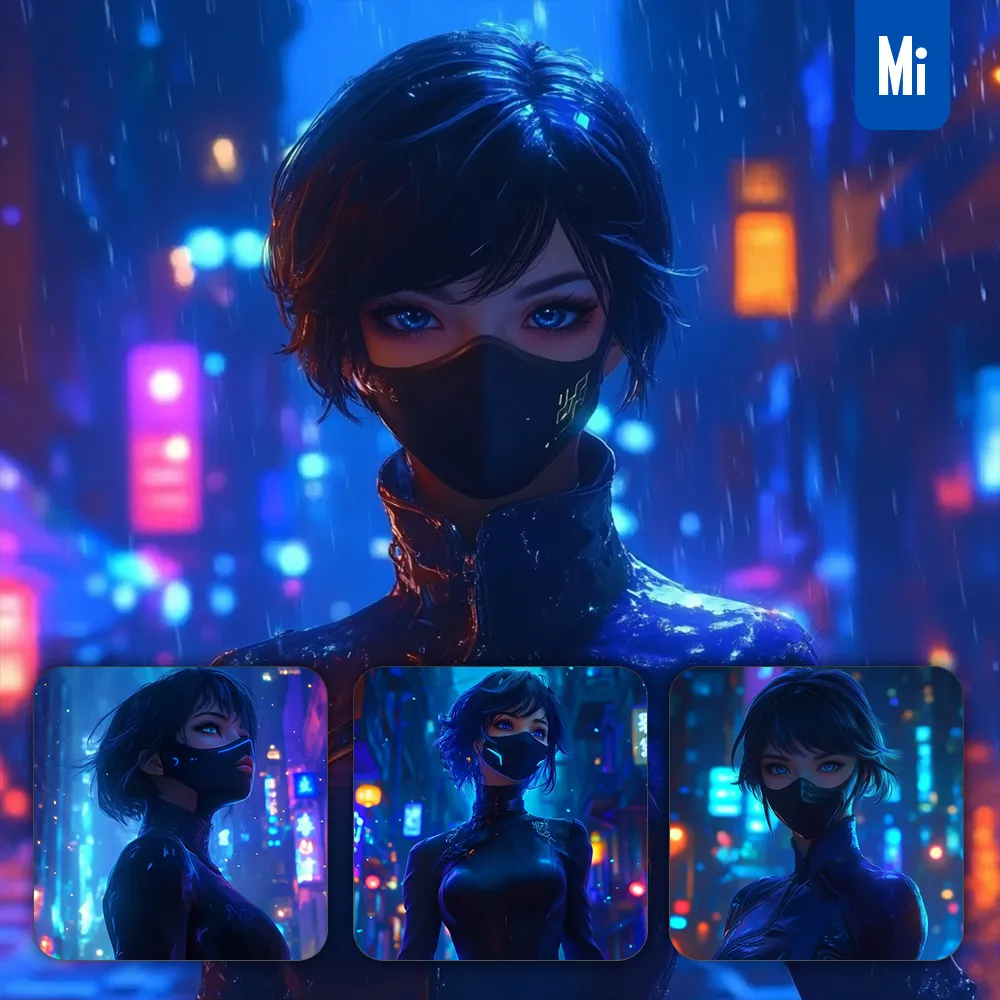 Midjourney Prompt Black Mask Azure Ninja Futurism Portrait Beautiful Girl Lady Woman Animation
