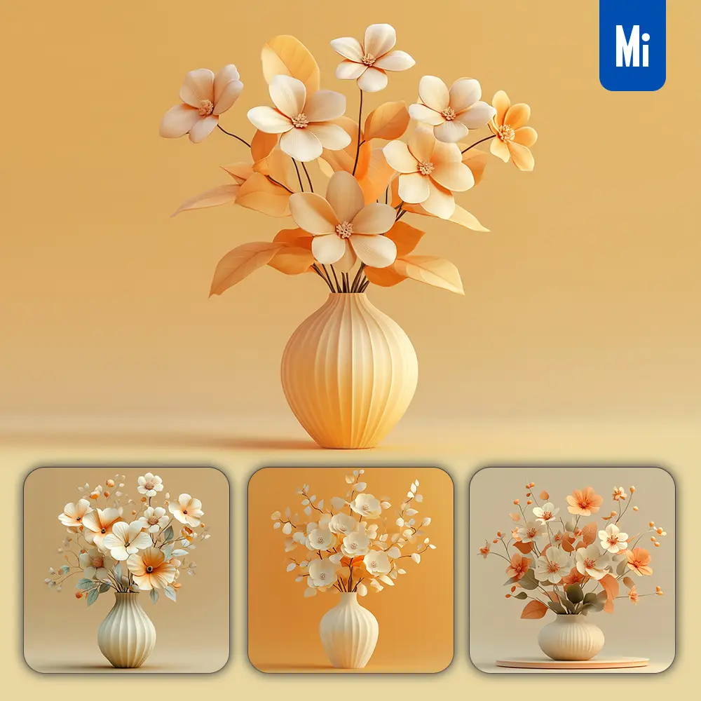 Midjourney Prompt Blooming Flower Leaves Leaf Vase Orange Paper Art 3D