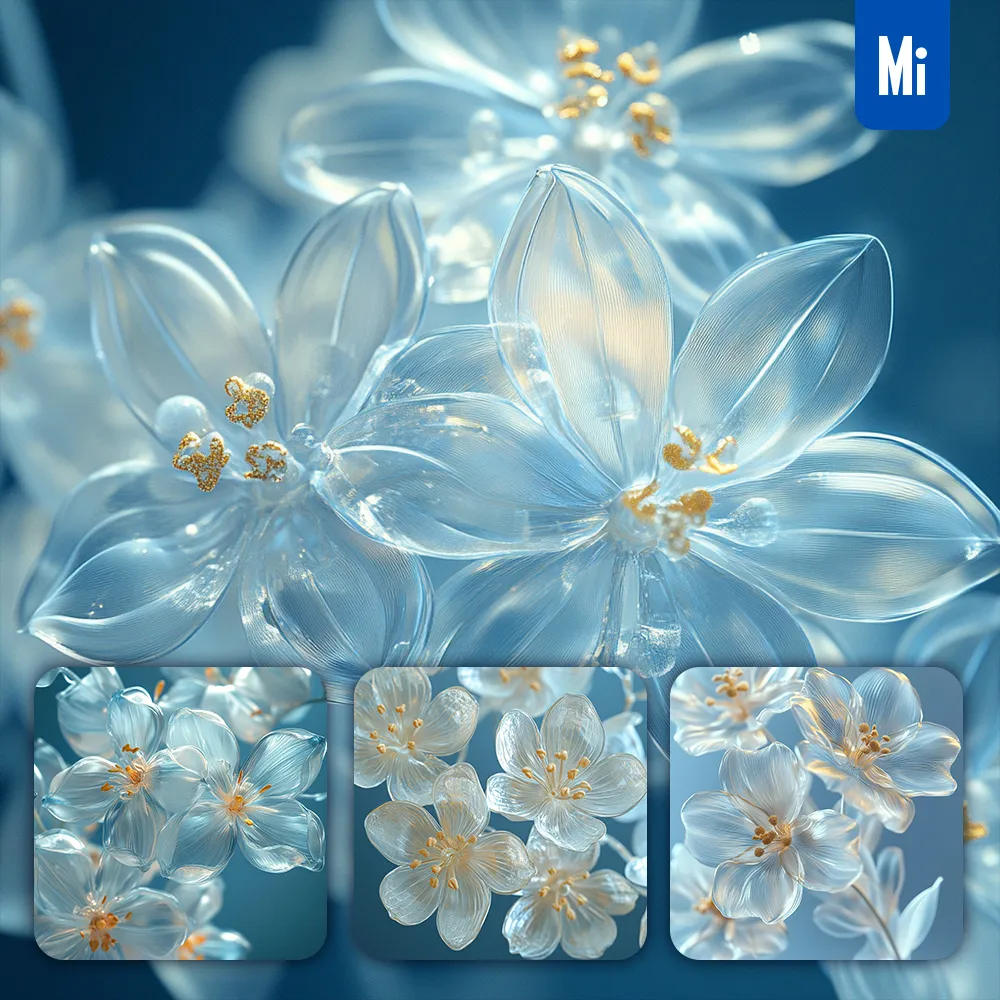 Midjourney Prompt Blue Jasmine Flower Plant Glass 3D Photography