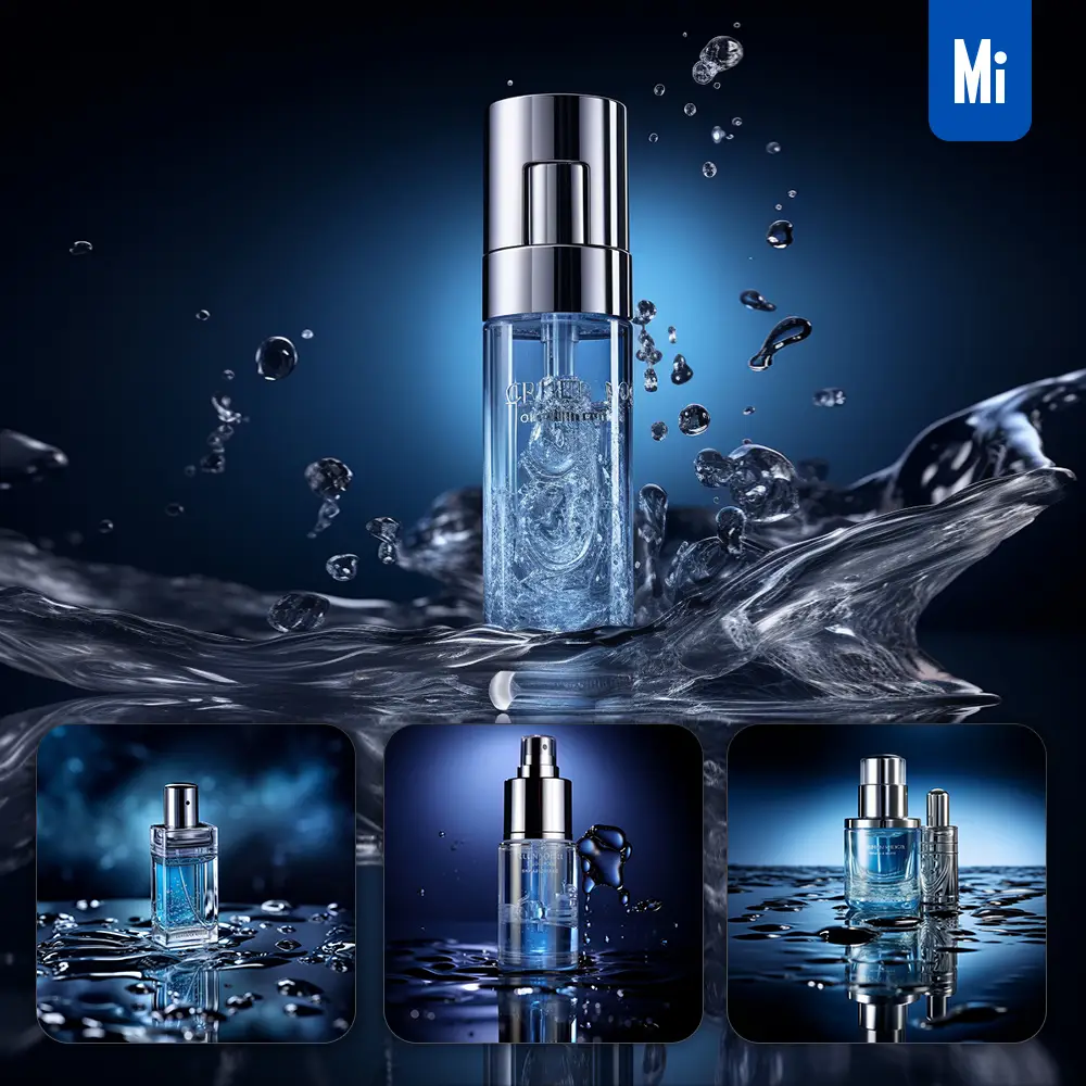 Midjourney Prompt Blue Skin Care Bottle Spray Water Photography