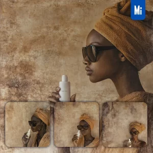 Midjourney Prompt Bottle Bath Wash Lotion Yellow African Girl Woman Sunglasses Model Scouring Bath Portrait Texture