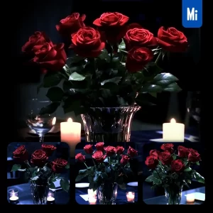Midjourney Prompt Bouquet Rose Flower Dark Crystal Vase Candle Photography