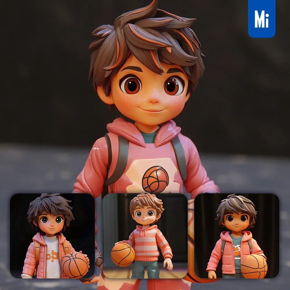 Midjourney Prompt Boy Basketball Kids Pupil Children 3D Lovely Cute Plastic Cartoon