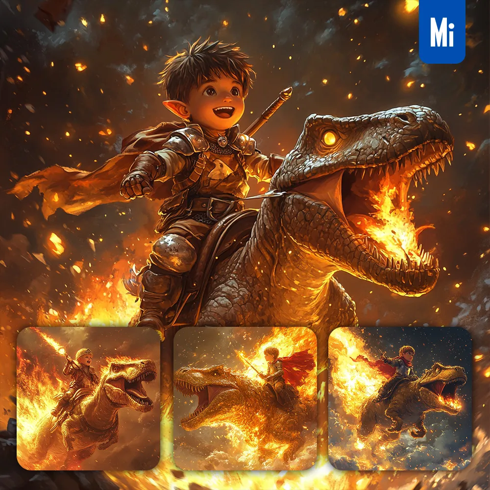 Midjourney Prompt Boy Child Kid Knight Fire Tyrannosaurus Dinosaur Painting Illustration