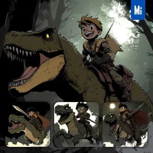 Midjourney Prompt Boy Child Kid Knight Tyrannosaurus Dinosaur Illustration Cartoon Comics