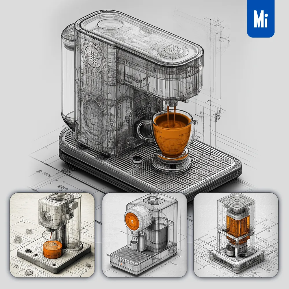 Midjourney Prompt Cafe Coffee Maker White Orange Isometric Industrial Design 3D Drawing