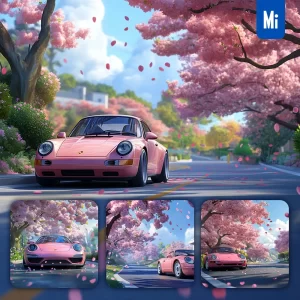 Midjourney Prompt Car Road Pink Flower Porsche Sakura 3D Cartoon