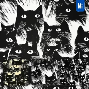 Midjourney Prompt Cats Cat Black Pattern Cartoon Woodcut Illustration