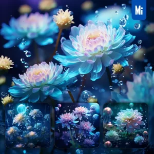Midjourney Prompt Chrysanthemum Flower Water Bubble Drop Blue 3D Photography
