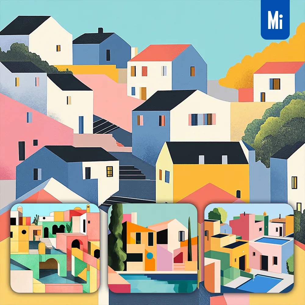 Midjourney Prompt City Town Building House Flat Illustration Graphic Drawing Landscape