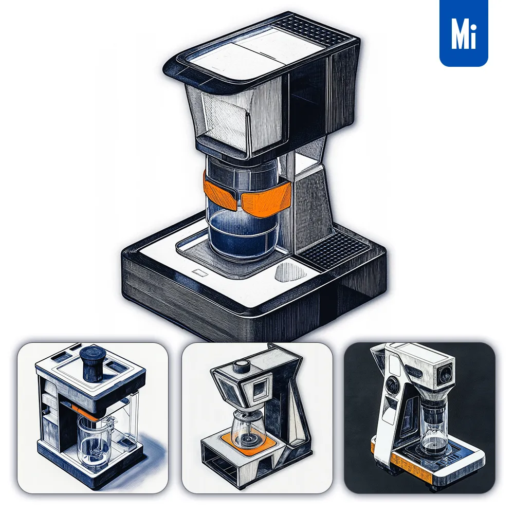 Midjourney Prompt Coffee Maker Orange Isometric Material Industrial Design Drawing