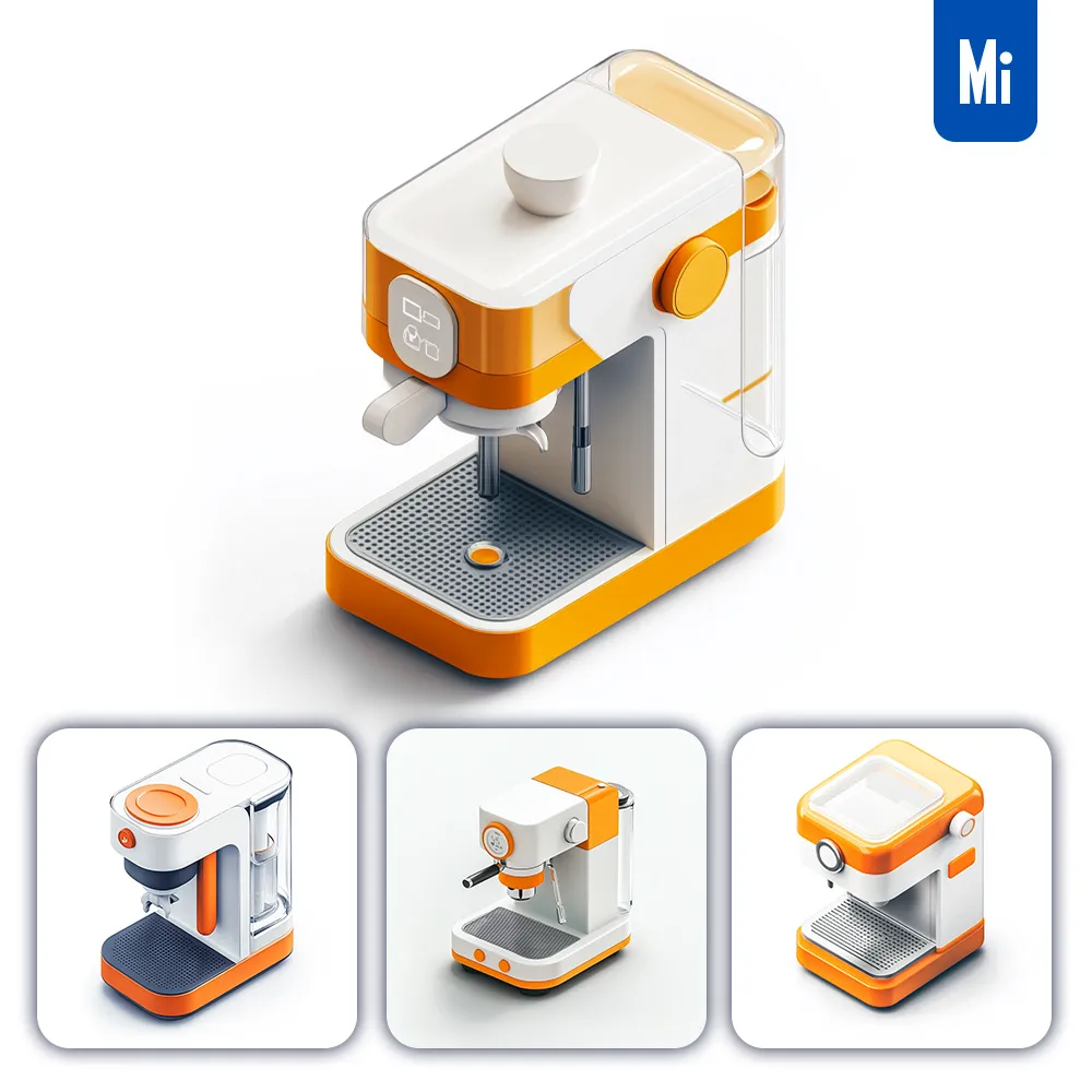 Midjourney Prompt Coffee Maker White Orange Isometric Material Industrial Design 3D Icon