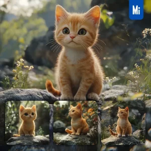 Midjourney Prompt Cute Ginger Cat Animation Rock Stone 3D Sit