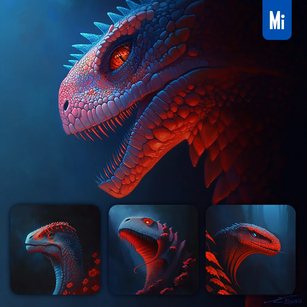 Midjourney Prompt Dinosaur Head Drawing 3D Colorful Painting