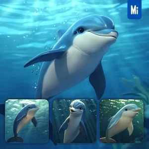 Midjourney Prompt Dolphin Underwater Sea Light Swim Diving Cartoon