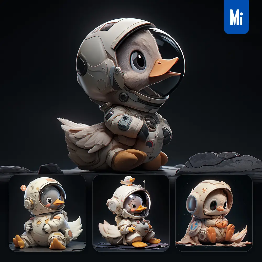 Midjourney Prompt Duck Sit White Astronaut Helmet Spaceman 3D Toy