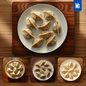 Midjourney Prompt Dumpling White Plate Tabletop Wood Textured Photography Illustration