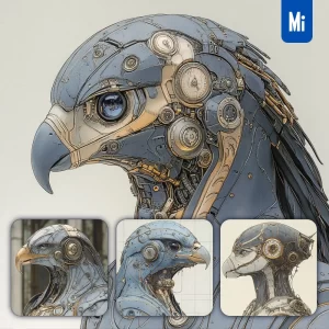 Midjourney Prompt Eagle Head Drawing Robot Mechanical Vintage Illustration