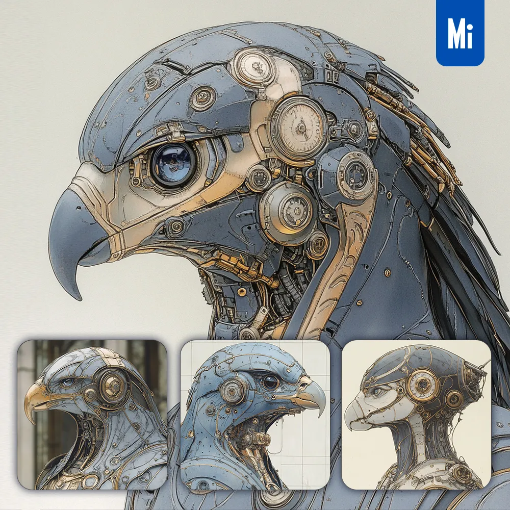 Midjourney Prompt Eagle Head Drawing Robot Mechanical Vintage Illustration