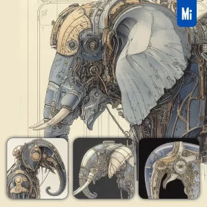 Midjourney Prompt Elephant Head Drawing Robot Mechanical Vintage Illustration