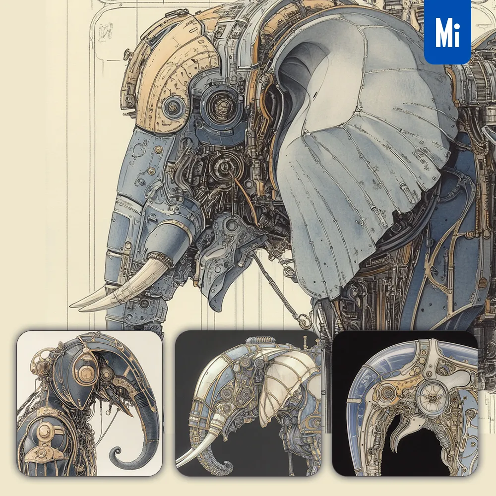 Midjourney Prompt Elephant Head Drawing Robot Mechanical Vintage Illustration