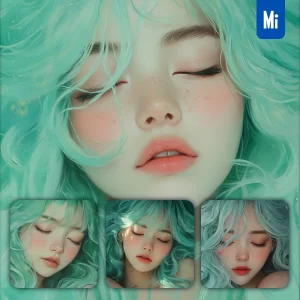 Midjourney Prompt Face Girl Woman Head Cyan Hair Sleep Illustration